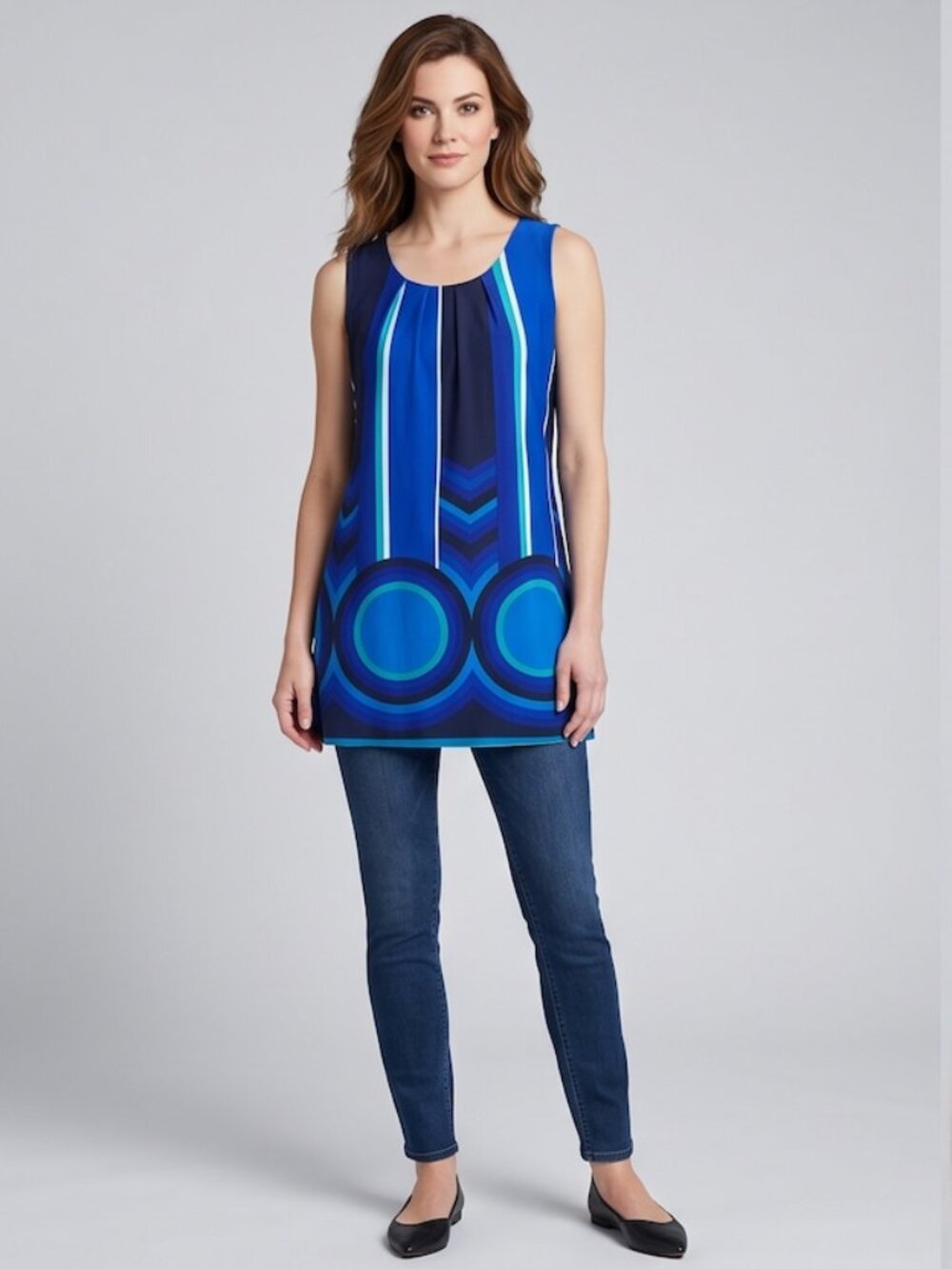 Retro Blue Geometric Print Sleeveless Tunic Top Keyhole Cutout Back Shift Blouse